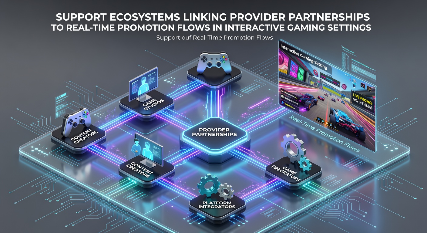 Illustration eines vernetzten Support-Ökosystems mit Provider-Partnerschaften und Echtzeit-Promotions in interaktiven Spielen