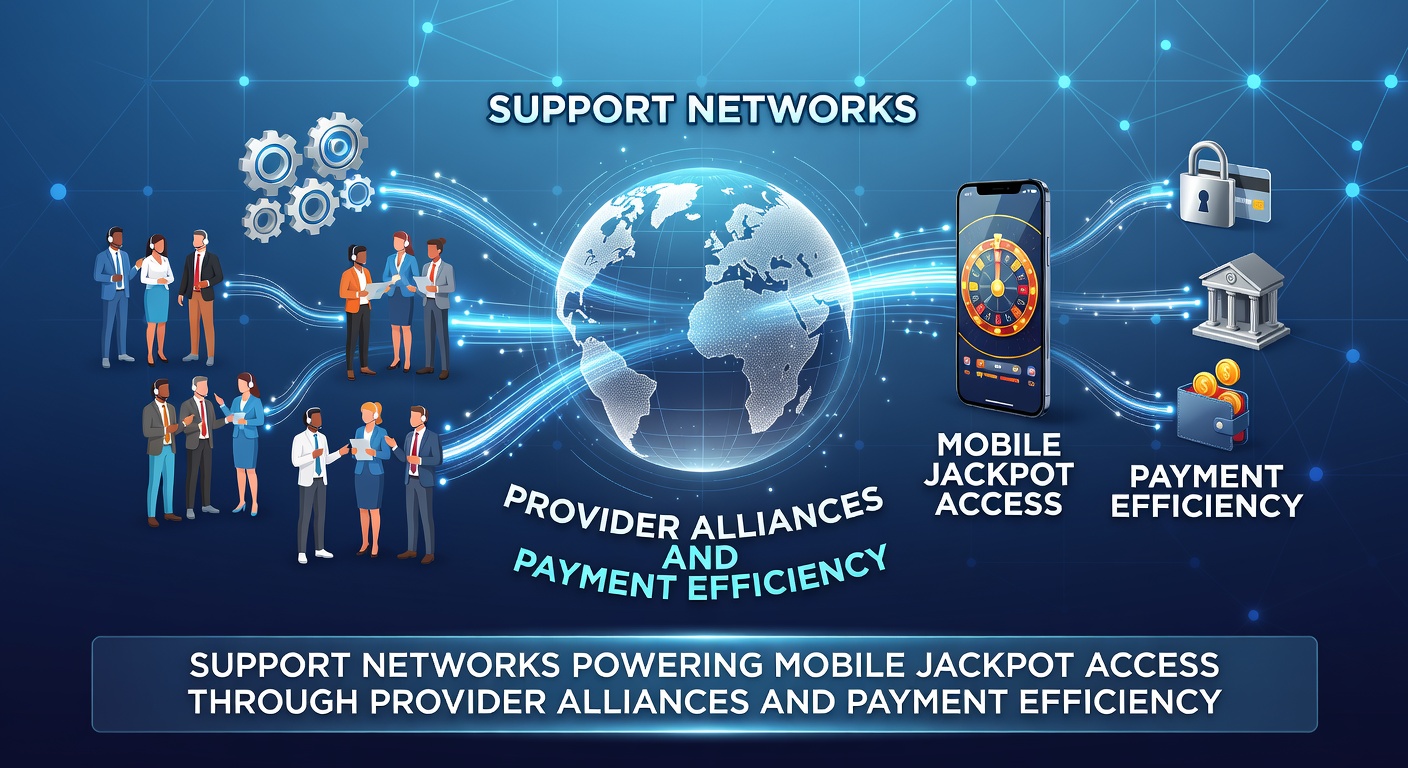 Illustration von vernetzten Support-Systemen für mobile Jackpots mit Provider-Allianzen und Zahlungsflüssen