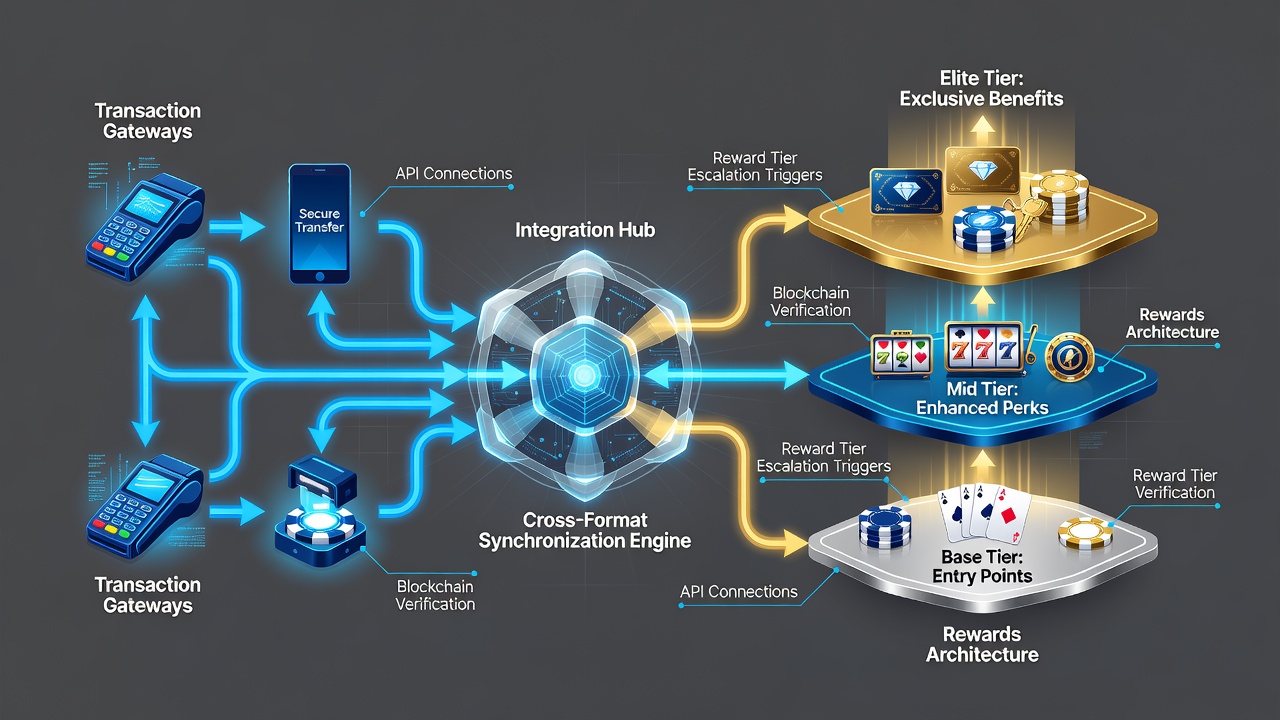 Visualisierung von Datenflüssen zwischen Zahlungsgateways und Belohnungstiers in multiplen Casino-Formaten
